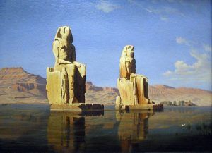Hubert Sattler, Die 60 Fuß hohen Colosse des Memnon zur Zeit der Ueberschwemmung in Ober-Egypten, Detail, 1846, Öl auf Leinwand, 104,5 x 132,5 cm (Salzburg, Salzburg Museum), Foto: Alexandra Matzner.