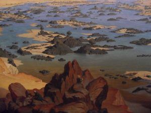 Hubert Sattler, »Die zweiten Nilkatarakte an der Grenze von Nubien und Dongola«, Detail des malenden Künstlers, 1845 (Salzburg, Salzburg Museum), Foto: Alexandra Matzner.