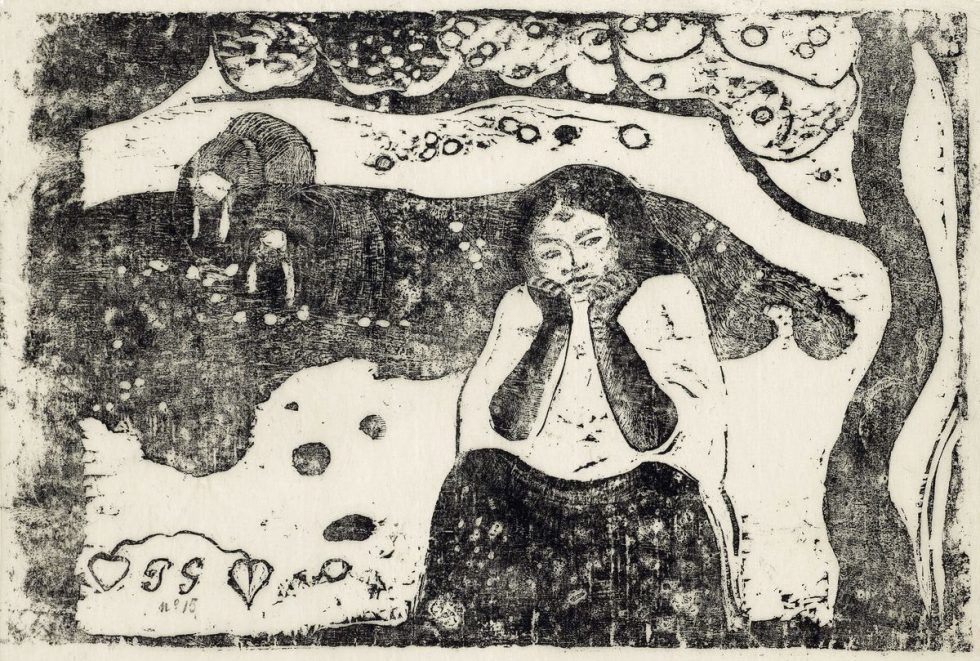 Paul Gauguin, Vollard-Suite, Menschliches Elend (Misères humaines), 1898–1899, Holzschnitt, gedruckt in Schwarz auf Japanpapier (Gampi).