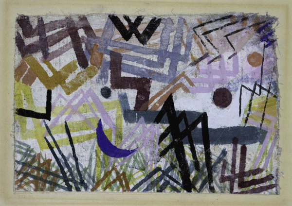 Paul Klee, Spiel der Kräfte einer Lechlandschaft, 1917,102, Aquarell auf Kreidegrundierung auf Leinwand und Papier auf Karton, 16,4 x 24,3 cm, Galerie Rosengart, Luzern.