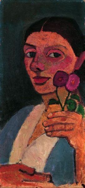 Paula Modersohn-Becker, Selbstbildnis mit zwei Blumen in der erhobenen linken Hand, Öl auf Leinwand, 55 x 25 cm © Privatsammlung Zürich, 2010.