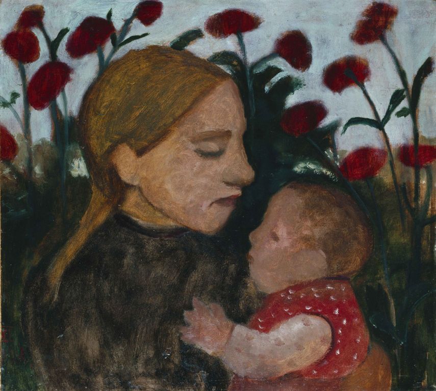 Paula Modersohn-Becker, Mädchen mit Kind vor roten Blumen, 1902, Öl auf Pappe auf Holz, 45,3x50,5 cm © Sammlung Gemeentemuseum Den Haag, Niederlande.