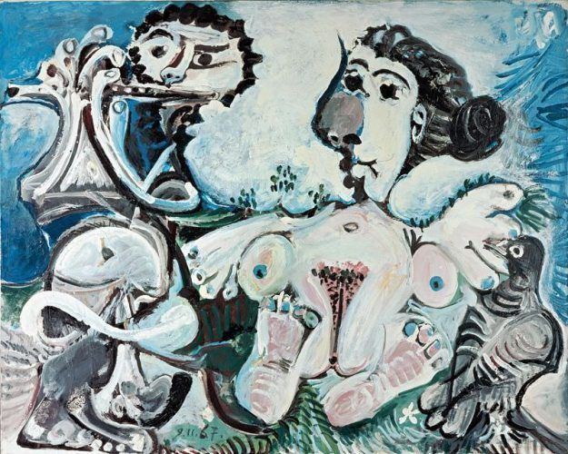 Pablo Picasso, Frau mit Vogel und Flötenspieler, 9. November 1967, Öl auf Leinwand, 130 x 162 cm © Succession Picasso/VBK, Wien, 2006, R. & H. Batliner Art Foundation.