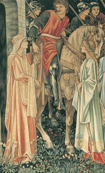Sir Edward Coley Burne-Jones, William Morris und John Henry Dearle, The Arming and Departure of the Knights of the Round Table on the Quest for the Holy Grail, 1890-1894, tapestry woven in wool and silk on a cotton warp, 240 x 347 cm (94 1/2 x 136 5/8 in.), Collection of Jimmy Page, courtesy of Paul Reeves London.