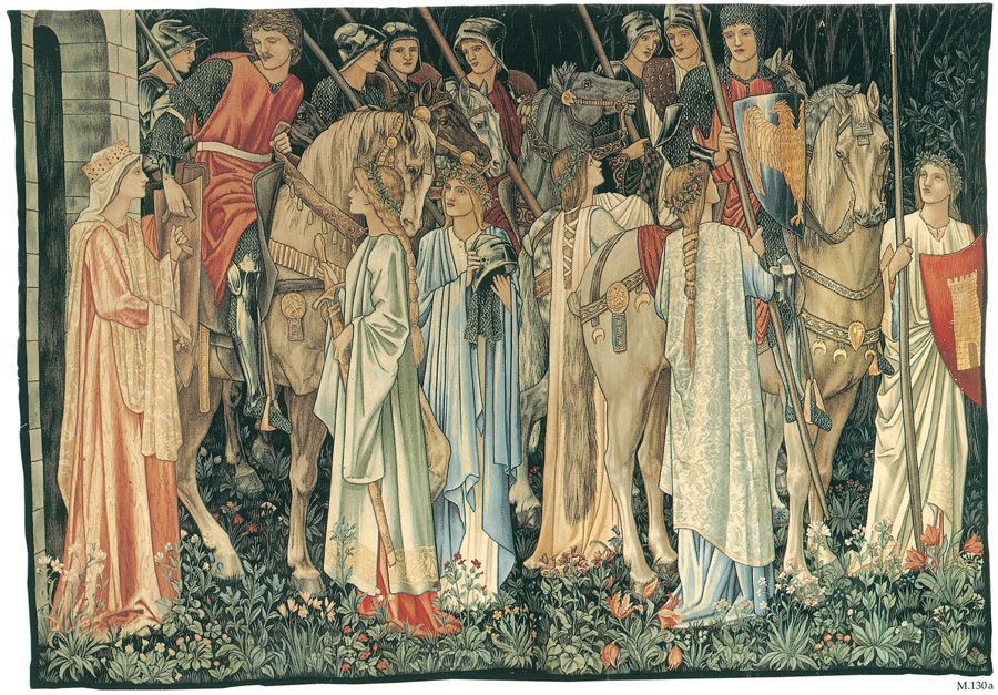 Designed by Sir Edward Coley Burne-Jones, William Morris, and John Henry Dearle, The Arming and Departure of the Knights of the Round Table on the Quest for the Holy Grail, 1890-1894, tapestry woven in wool and silk on a cotton warp, 240 x 347 cm (94 1/2 x 136 5/8 in.), Collection of Jimmy Page, courtesy of Paul Reeves London.