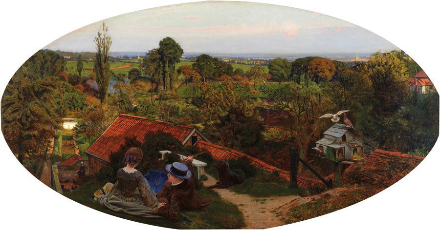 Ford Madox Brown, An English Autumn Afternoon, Hampstead – Scenery in 1853, 1854, oil on canvas, overall (oval): 71.8 x 134.6 cm (28 1/4 x 53 in.)framed: 110.5 x 173.5 x 12 cm (43 1/2 x 68 5/16 x 4 3/4 in.), Birmingham Museums and Art Gallery, Presented by the Public Picture Gallery Fund, 1916.