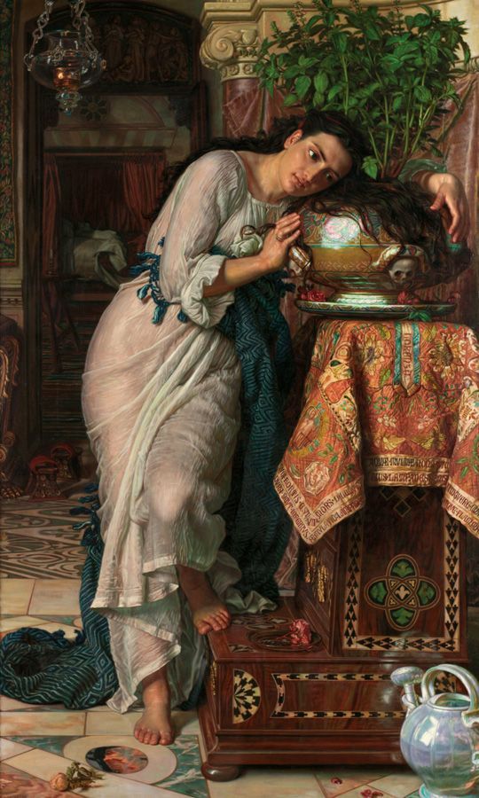 William Holman Hunt, Isabella and The Pot of Basil, 1866-1868, retouched 1886, oil on canvas, 186.7 x 115.6 cm (73 1/2 x 45 1/2 in.), Laing Art Gallery, Newcastle upon Tyne.