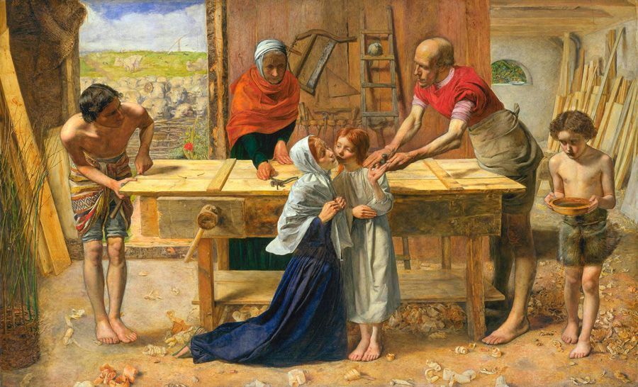 John Everett Millais, Christ in the House of His Parents (The Carpenter's Shop), 1849-1850, oil on canvas, 86.4 x 139.7 cm (34 x 55 in.)framed: 159 x 187.3 x 141 cm (62 5/8 x 73 3/4 x 55 1/2 in.), Tate. Purchased with assistance from the Art Fund and various subscribers 1921.