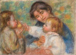 Pierre-Auguste Renoir, Kind mit einem Apfel (Gabrielle, Jean Renoir und ein kleines Mädchen), um 1895/96, Pastell auf Papier, 56 × 76 cm (Madame Léone Cettolin Dauberville D2486)
