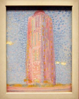 Piet Mondrian, Leuchtturm von Westkapelle in Rosa, 1909, Öl auf Karton, 39 × 29,5 cm (Gemeentemuseum, Den Haag)