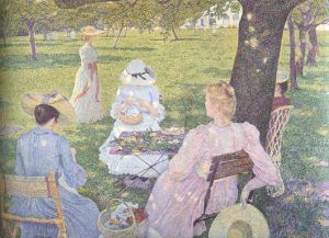 Théo van Rysselberghe, Später Vormittag im Juli (Der Obstgarten oder Familie im Garten), 1890, Öl auf Leinwand, 115,5 × 163,5 cm (Kröller-Müller Museum, Otterlo)