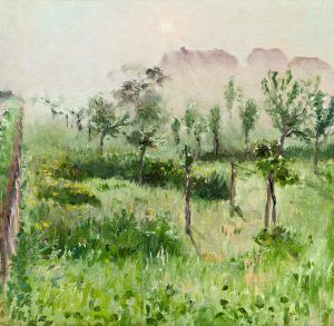 Theodor von Hörmann, Morgennebel, um 1889, Öl auf Leinwand, 25 × 25 cm (Privatsammlung)