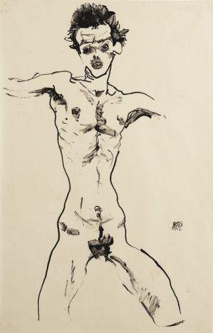 Egon Schiele, Selbstbildnis als Akt (Studie zur „Sema-Mappe“), 1912, Tusche und Pinsel auf Papier, 46 × 29,1 cm, Leopold Museum, Wien, Inv. 1440.