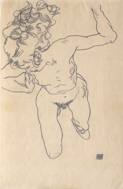 Egon Schiele, Liegende („Stürzende“) mit langem Haar, 1917, Kohle auf Papier, 45,7 × 29,5 cm, Leopold Privatsammlung.