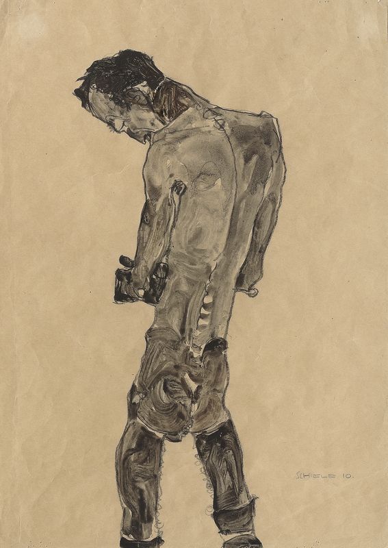 Egon Schiele, Stehender Männerakt, 1910, Gouache und schwarze Kreide auf Papier, 44,8 × 31,7 cm, Leopold Privatsammlung.
