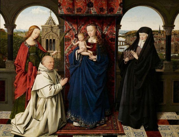Jan van Eyck und Werkstätte, Madonna mit Kind, Hl. Barbara, Hl. Elisabeth von Ungarn, und Abt Jan de Vos, ca. 1442 (Frick Collection, New York).