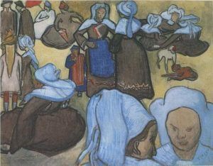 Vincent van Gogh, Bretonische Frauen auf einer Wiese (nach Bernard), Dezember 1888, Wasserfarbe und Graphit auf Papier (Civica Galleria d’Arte Moderna, Raccolta Grassi, Mailand)