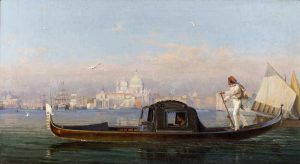 Friedrich Nerly (1807–1878), Venezianischer Gondoliere vor Stadtansicht, um 1860, Öl auf Leinwand, 50 x 90 cm (Landesmuseum für Kunst und Kulturgeschichte, Stiftung Schleswig-Holsteinische Landesmuseen Schloss Gottorf, Schleswig Inv.-Nr. 1990-1360)