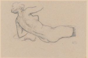 Aristide Maillol, Liegender Akt, auf den Arm gestützt, von hinten gesehen, o.J., Kohle und Blaustift auf Papier, 21,7 x 32,5 cm (Hahnloser/Jäggli Stiftung, Winterthur)