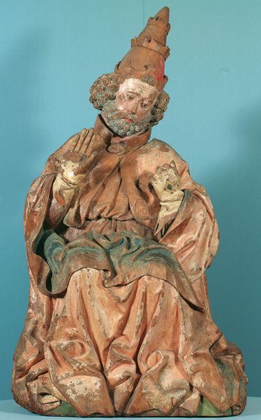 Jakob Kaschauer (Werkstatt), Thronender hl. Papst, um 1440/50, Lindenholz, gefasst, Höhe 153 cm © Belvedere, Wien.