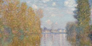 Claude Monet, Herbststimmung in Argenteuil, Detail, 1873 (The Samuel Courtauld Trust, The Courtauld Gallery, London), Installationsansicht „Wolken“ im Leopold Museum, Foto: Alexandra Matzner.