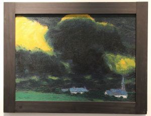 Emil Nolde, Landschaft (Haus und Kirche), 1916 (Staatliche Kunsthalle Karlsruhe), Installationsansicht „Wolken“ im Leopold Museum, Foto: Alexandra Matzner.