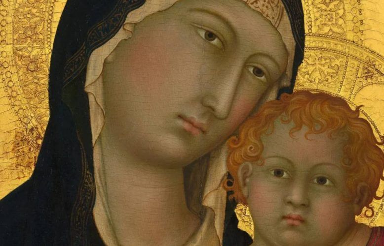 Duccio, Madonna und Kind, Detail, um 1290–1300, Tempera und Gold auf Holz, 27.9 x 21 cm (The Metropolitan Museum of Art, Purchase, Rogers Fund, Walter and Leonore Annenberg and The Annenberg Foundation Gift, Lila Acheson Wallace Gift, Annette de la Renta Gift, Harris Brisbane Dick, Fletcher, Louis V. Bell, and Dodge Funds, Joseph Pulitzer Bequest, several members of The Chairman's Council Gifts, Elaine L. Rosenberg and Stephenson Family Foundation Gifts, 2003 Benefit Fund, and other gifts and funds from various donors, 2004 (2004.442)