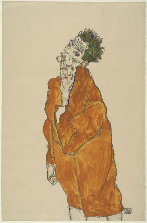 Egon Schiele, Selbstbildnis in oranger Jacke, 1913, Bleistift, Aquarell, Deckfarben, auf Japanpapier (Albertina, Wien)