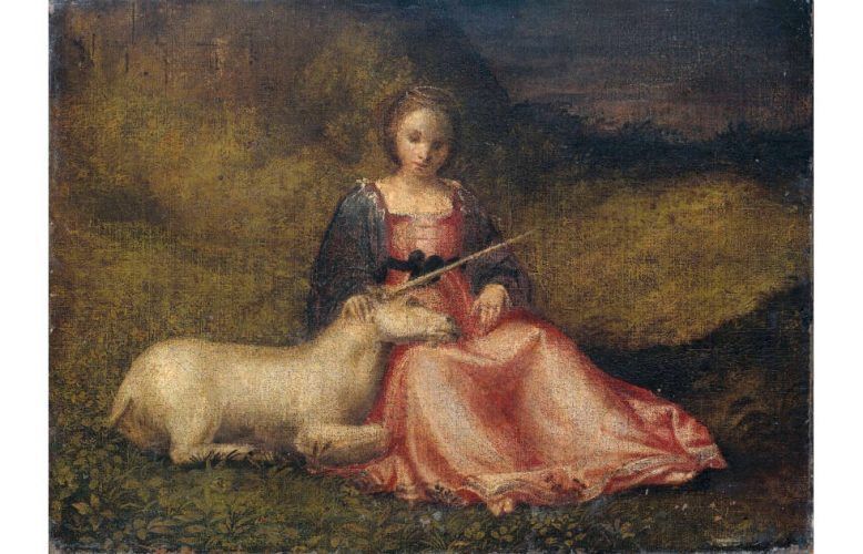 Venezianischer Maler, Frau mit Einhorn, um 1510, 109 × 81 cm (Galleria dell’Accademia, Venedig)