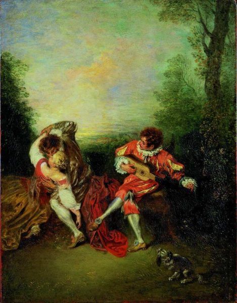 Antoine Watteau, La Surprise [Die Überraschung. Ein sich umarmendes Paar und ein Gitarre spielender Mezzetin], 1718/19, Öl auf Holz, 36.3 x 28.2 cm (Privatsammlung)