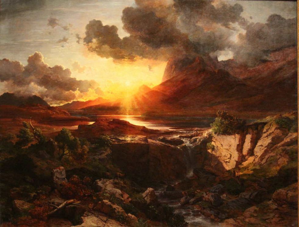 Albert Zimmermann, Sonnenuntergang am Hintersee in Berchtesgaden, 1858, Öl auf Leinwand, 211 × 268 cm, Bez. u. r.: Albert Zimmermann (Belvedere, Wien, Inv.-Nr. 13)